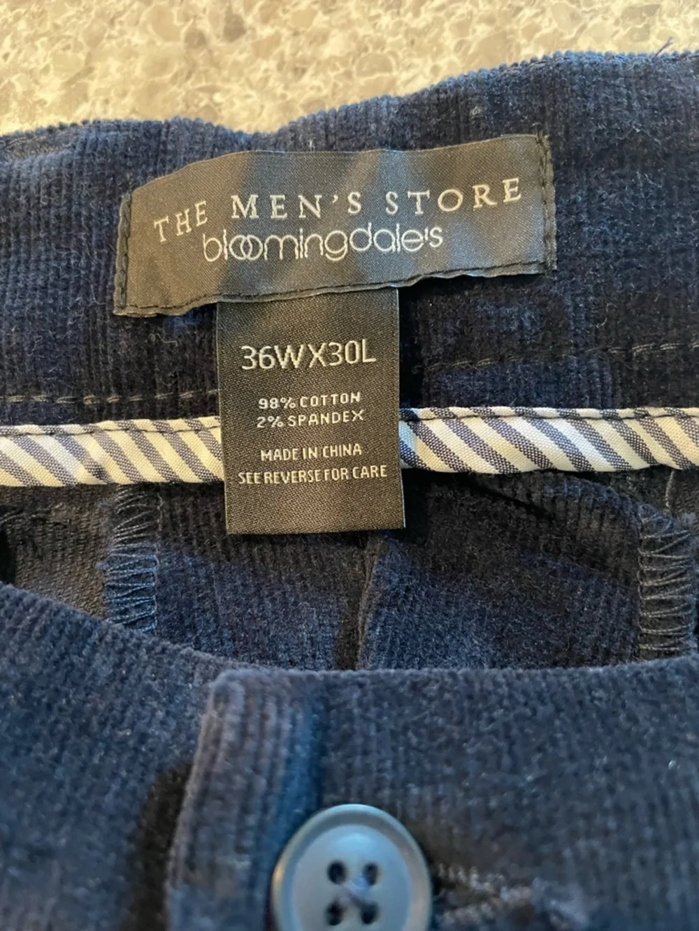 The Men’s Store Bloomingdales Navy Blue Corduroy Trousers Stretch Fabric 36”x30”
